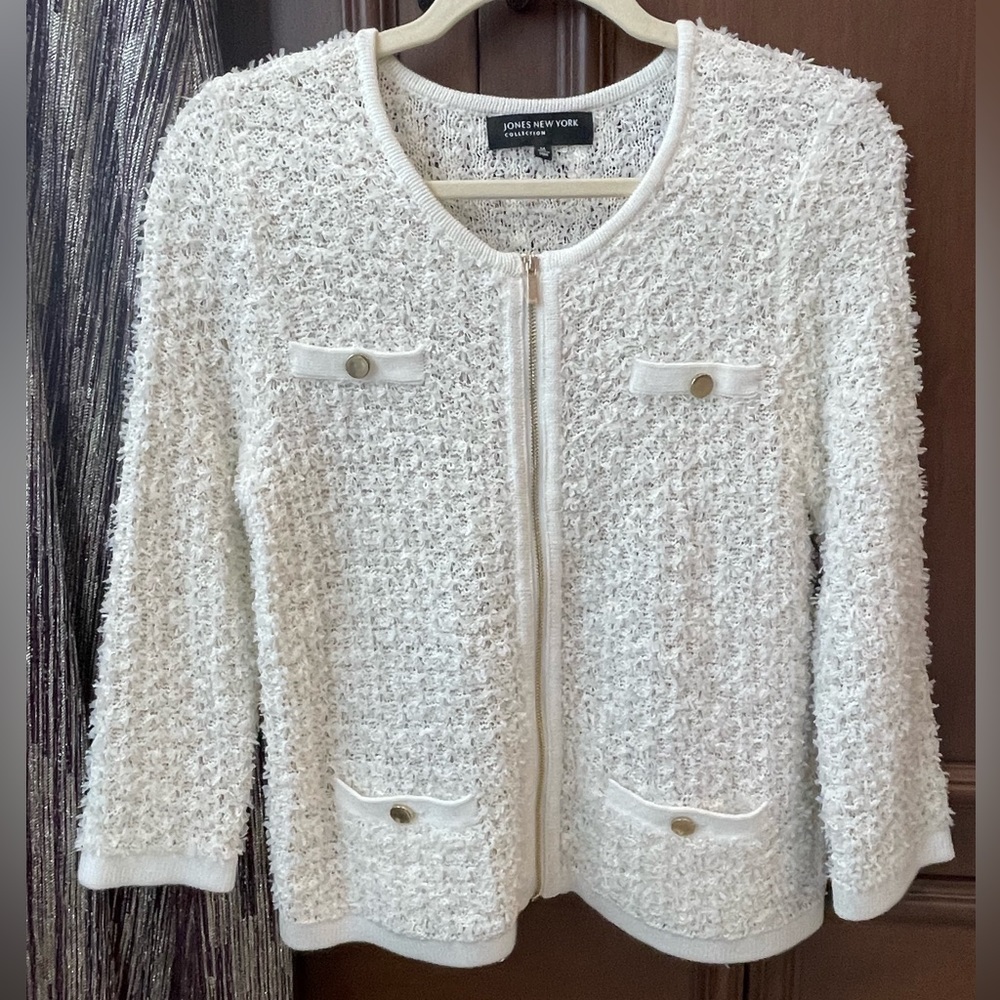 Jones NY Ivory Shag Zipper Sweater